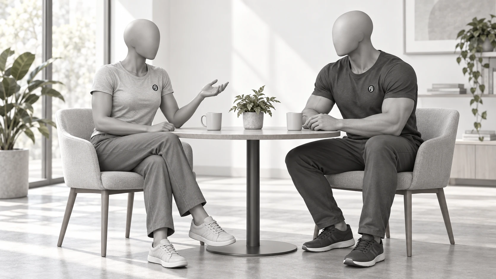 Personnages Fitus assis autour d’une table, épaules relâchées et geste ouvert pendant une conversation.