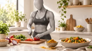 Personnage féminin Fitus préparant des légumes, avec un mélange de curry et un plat de pois chiches.