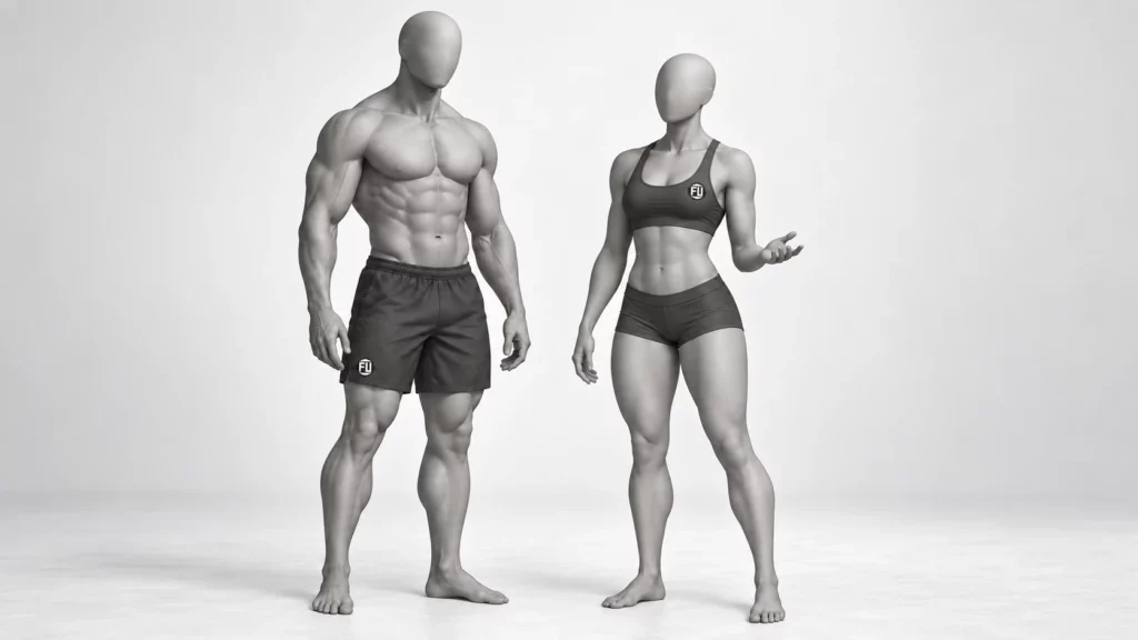 Personnages Fitus debout dans une posture détendue, l’un faisant un geste de conversation.
